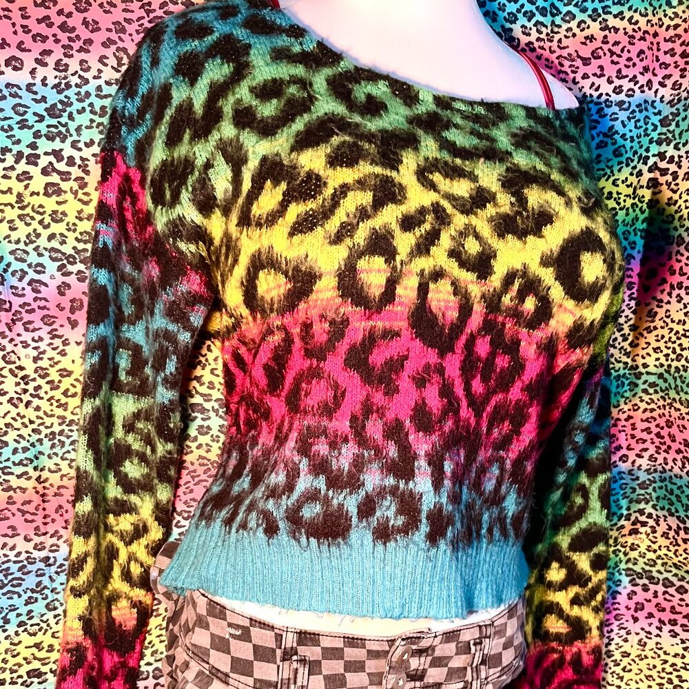 Upcycled y2k rainbow cheetah print off-shoulder sweater